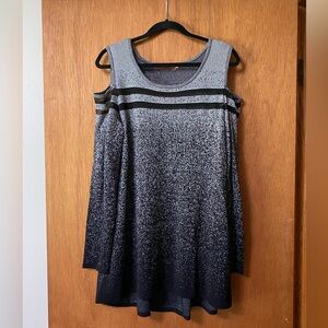 Belldini Black and Silver Cold Shoulder Hi-Low Hem Tunic Sweater